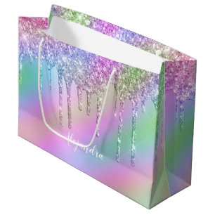 Elegant stylish colorful holographic glitter drips large gift bag
