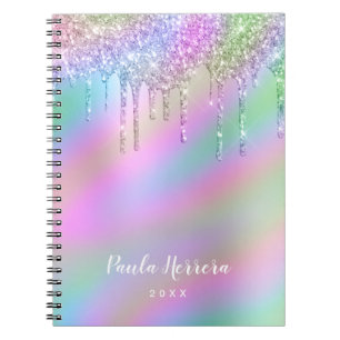 Elegant stylish colorful holographic glitter drips notebook
