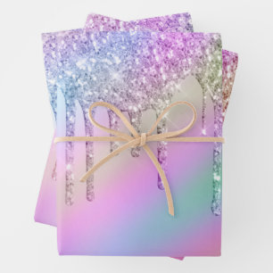 Elegant stylish colorful holographic glitter drips wrapping paper sheet
