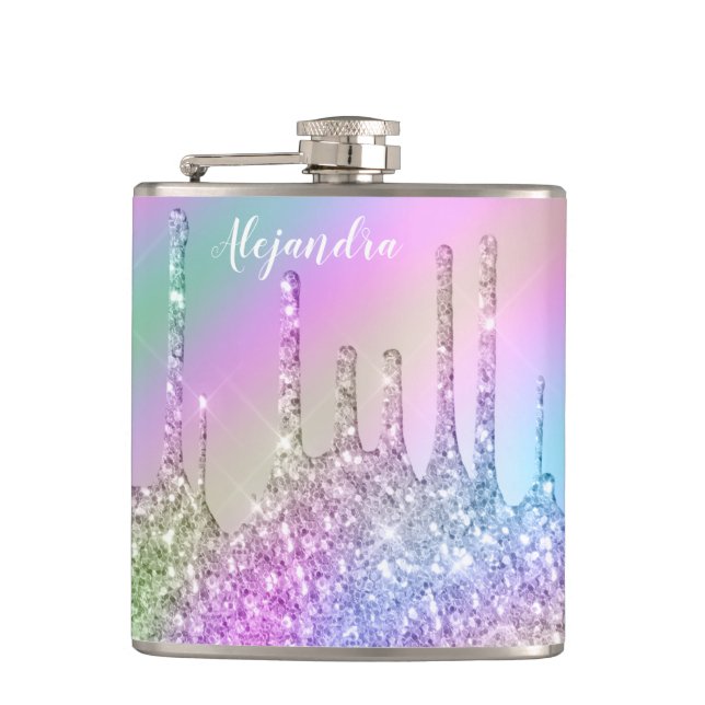 Elegant stylish colourful holographic glitter drip hip flask (Front)