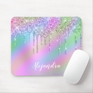 Elegant stylish colourful holographic glitter drip mouse pad