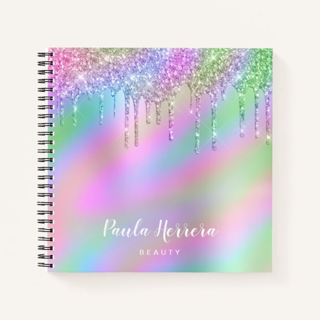 Elegant stylish colourful holographic glitter drip notebook (Front)