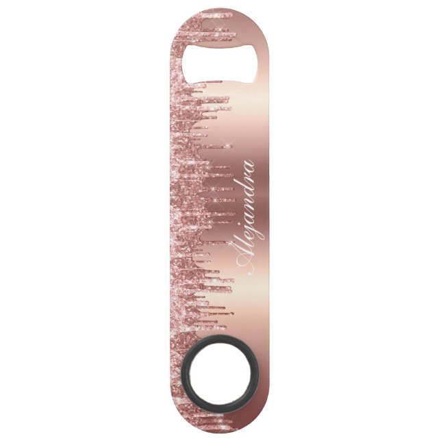 Elegant stylish copper rose gold glitter drips bar key (Front)
