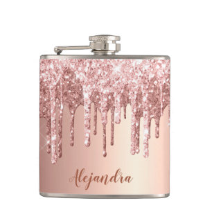 Elegant stylish copper rose gold glitter drips hip flask