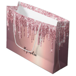 Elegant stylish copper rose gold glitter drips large gift bag