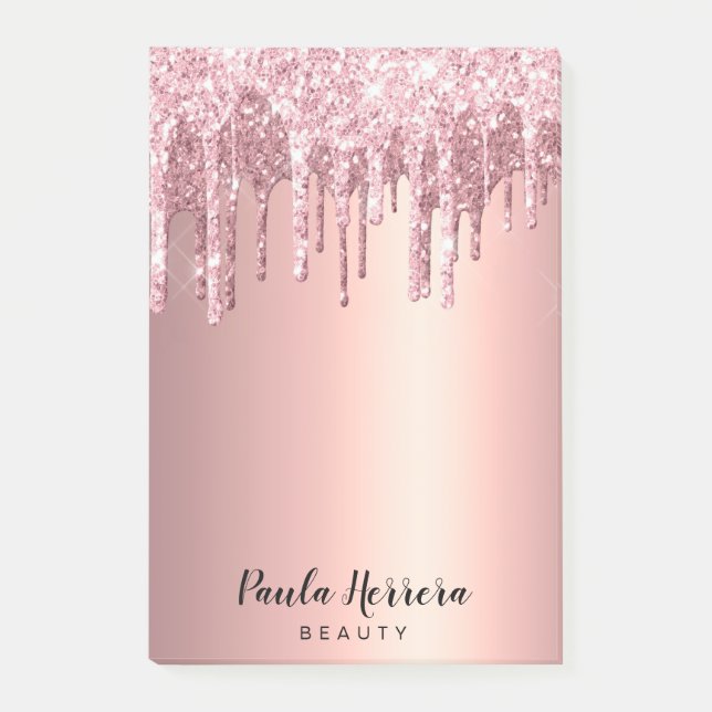 Elegant stylish copper rose gold glitter drips post-it notes (Front)