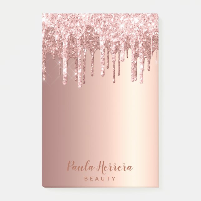 Elegant stylish copper rose gold glitter drips post-it notes (Front)