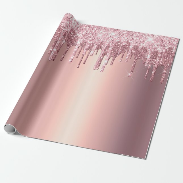 Elegant stylish copper rose gold glitter drips wrapping paper (Unrolled)