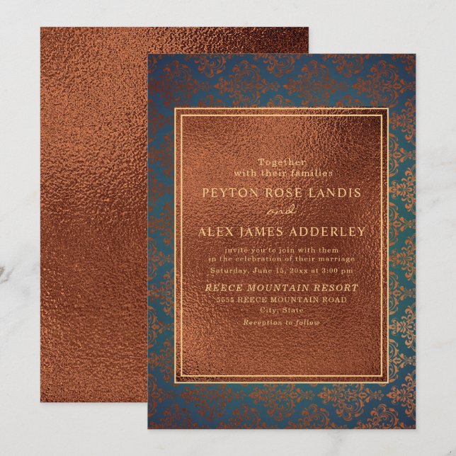Elegant Stylish Copper Teal Damask Wedding Invite (Front/Back)