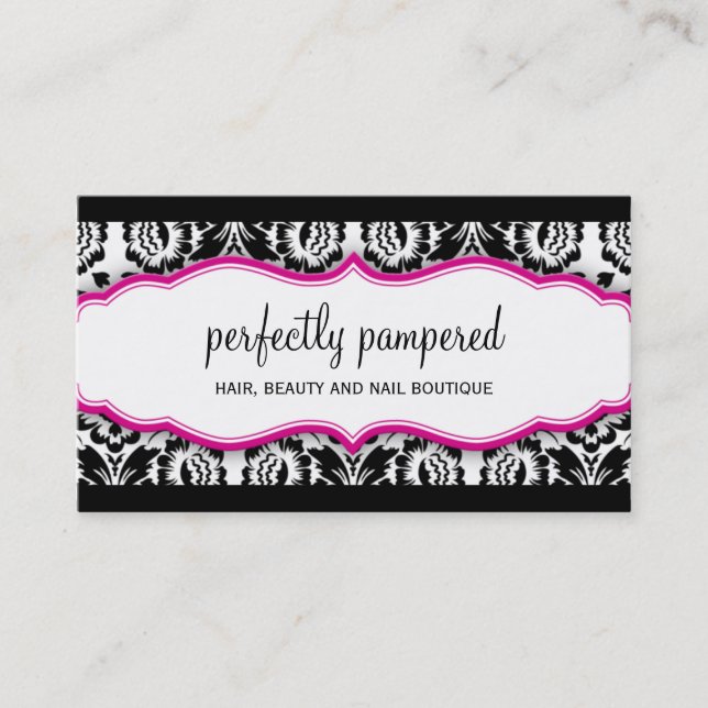 elegant stylish damask pattern black fuschia pink business card (Front)