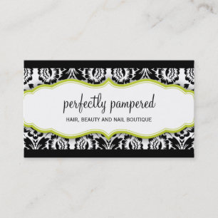 elegant stylish damask pattern black lime green business card