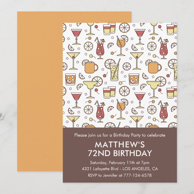 Elegant Stylish Drinks Cocktail 72nd birthday Invitation (Front/Back)