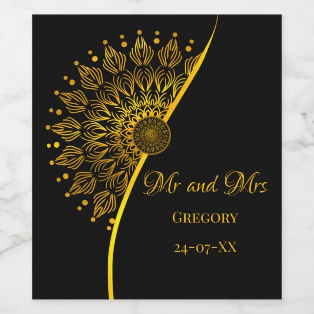 Elegant stylish ethnic mandala black ornate wine label (Single Label)