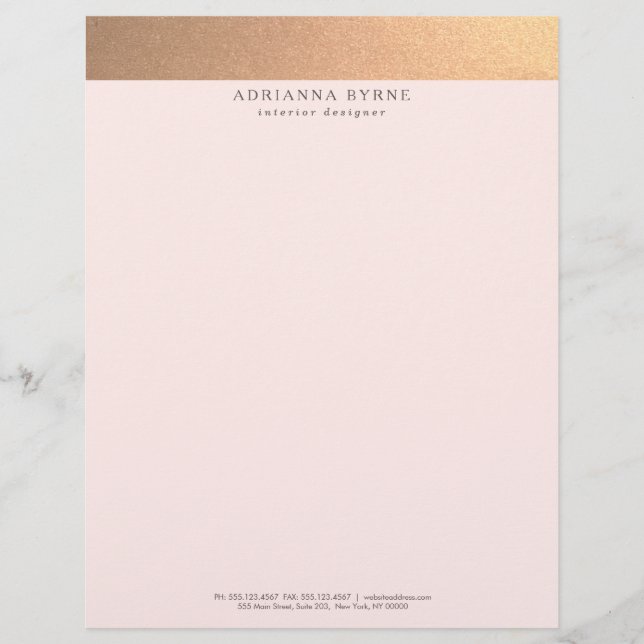 Elegant Stylish Faux Copper Gold Foil Pink Letterhead (Front)