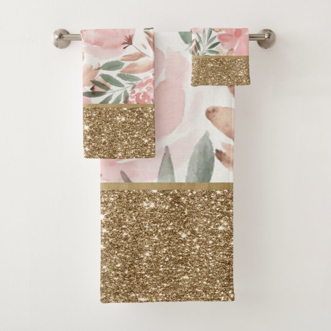 Elegant Stylish Floral Gold Glitter Shiny Bath Towel Set (Insitu)