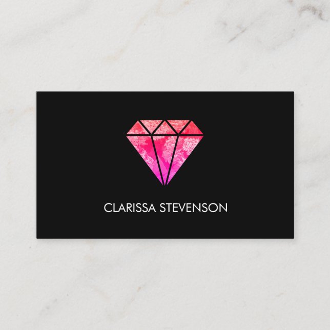 elegant stylish floral pink orange diamond black business card (Front)