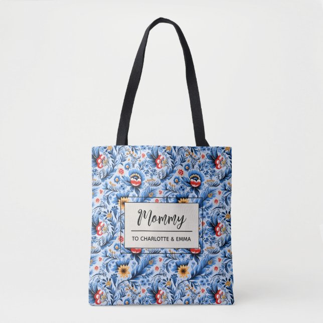 Elegant Stylish Flowers Custom Mommy & Kids Names Tote Bag (Front)