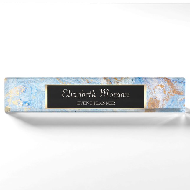 Elegant Stylish Geometric Blue Gold Marble, Frame Nameplate (Front)