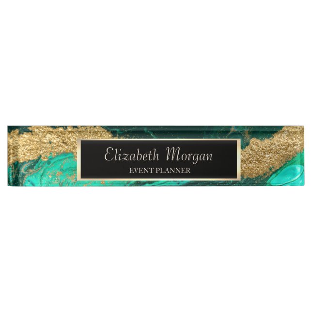 Elegant Stylish Geometric Green Gold Marble, Frame Nameplate (Front)