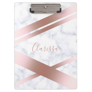 Elegant stylish girly rose gold white marble clipboard