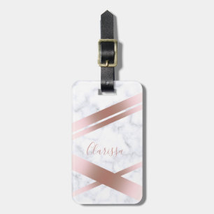 Elegant stylish girly rose gold white marble luggage tag