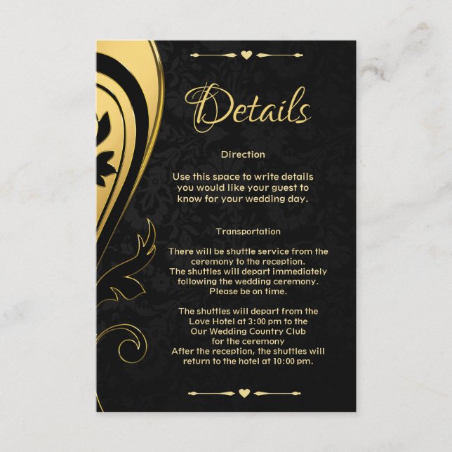 Elegant Stylish Gold Black Deco Wedding Details Enclosure Card (Front)