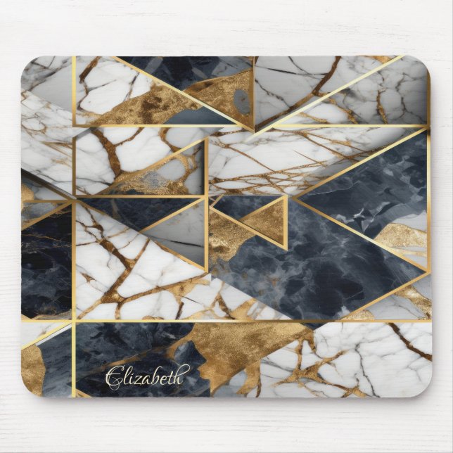 Elegant Stylish Gold Black Marble Geometric Mouse Pad (Front)