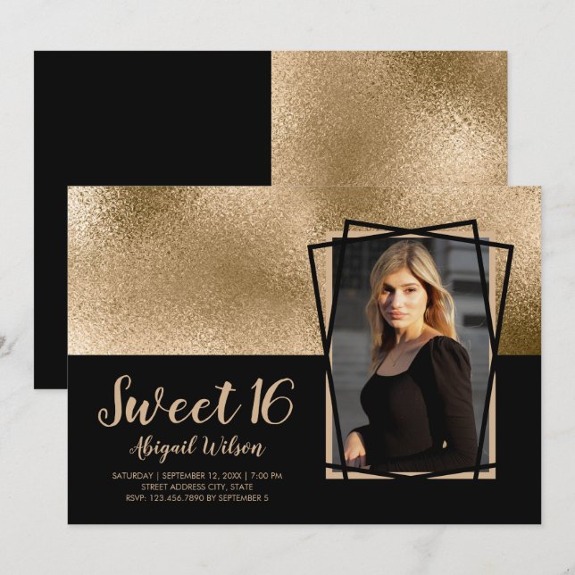 Elegant stylish gold black sweet sixteen birthday invitation (Front/Back)