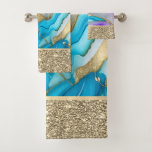 Elegant Stylish Gold,Blue,Violet Marble Bath Towel Set
