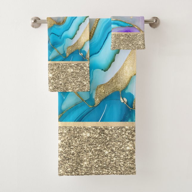 Elegant Stylish Gold,Blue,Violet Marble Bath Towel Set (Insitu)