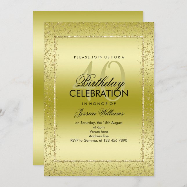 Elegant Stylish Gold Confetti 40th Birthday Invitation (Front/Back)