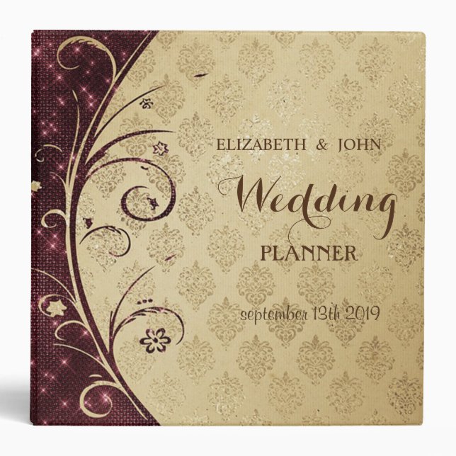 Elegant Stylish  Gold  Damask Swirls Wedding Binder (Front)