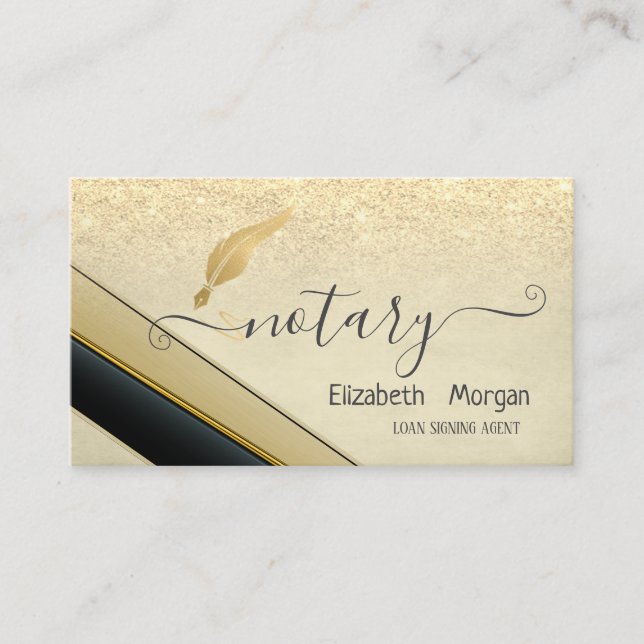 Elegant Stylish Gold Feather Notary Glitter Business Card (Front)
