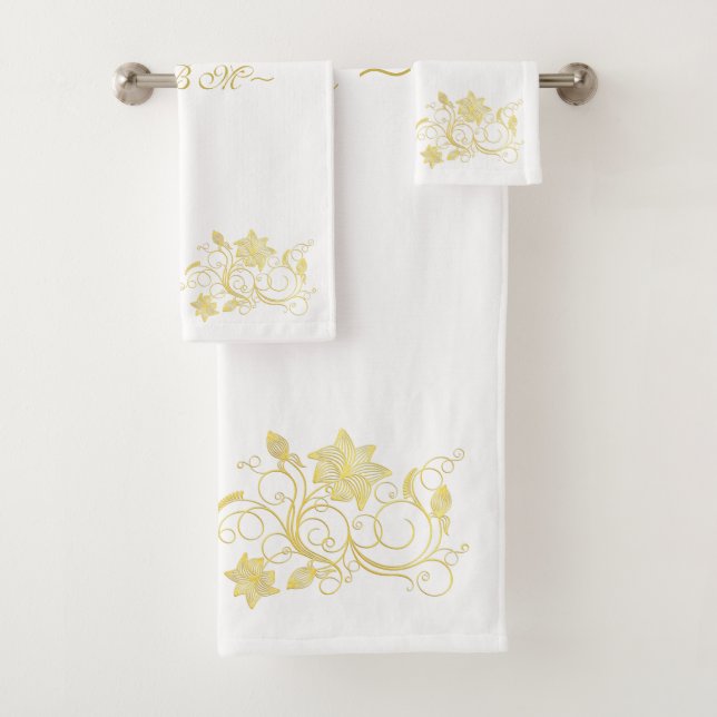 Elegant & Stylish Gold Filigree Flower on White Bath Towel Set (Insitu)