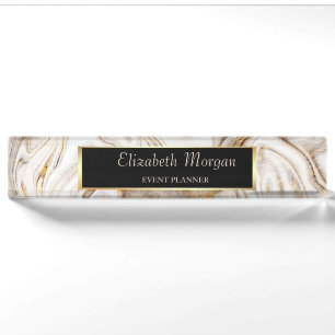 Elegant Stylish Gold Frame,White Brown Marble Nameplate