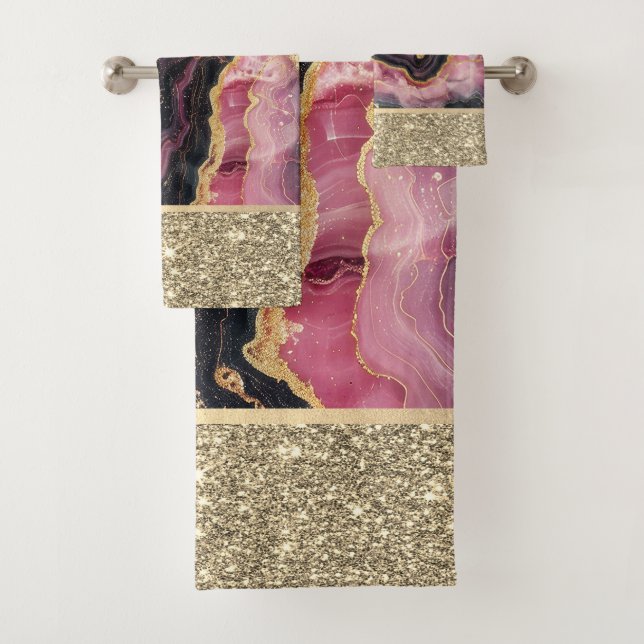 Elegant Stylish Gold Glitter Black Burgundy Marble Bath Towel Set (Insitu)