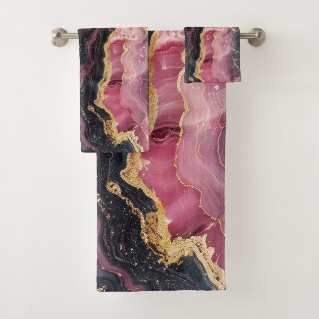 Elegant Stylish Gold Glitter Black Burgundy Marble Bath Towel Set (Insitu)