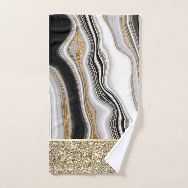 Elegant Stylish Gold Glitter Black White Marble  Bath Towel Set (Hand Towel)
