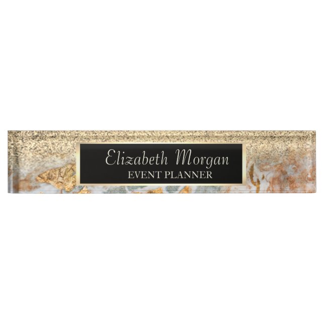Elegant Stylish Gold Glitter Bokeh ,Marble, Frame Nameplate (Front)