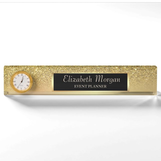 Elegant Stylish Gold Glitter Bokeh Ombre Nameplate (Front)