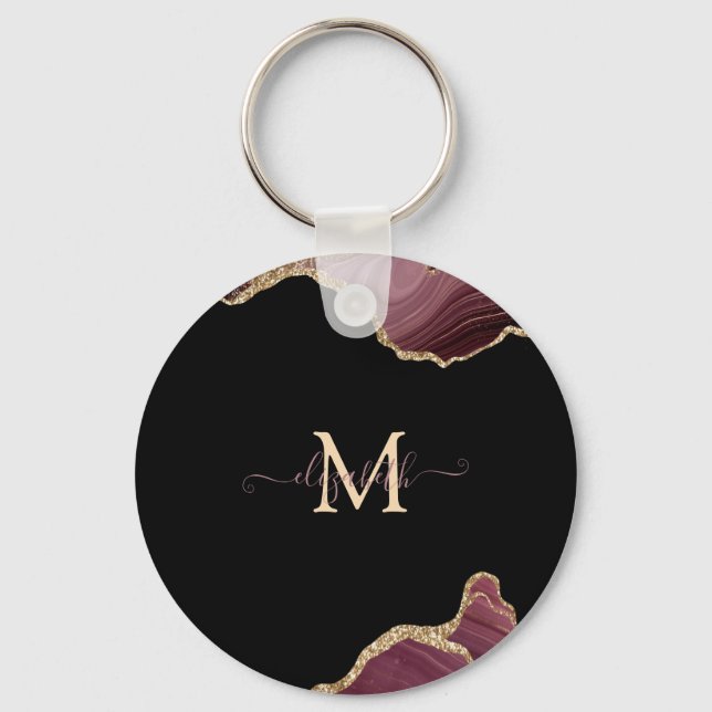 Elegant Stylish Gold Glitter Burgundy Agate  Keychain (Front)