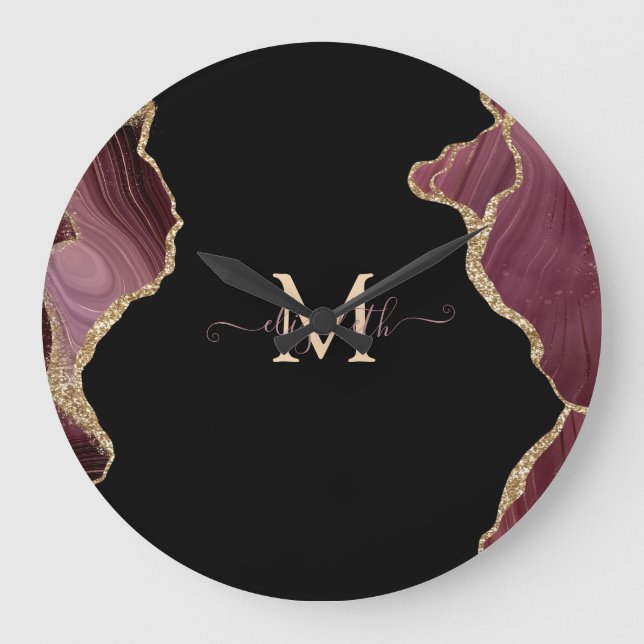 Elegant Stylish Gold Glitter Burgundy Agate Large Clock (Front)