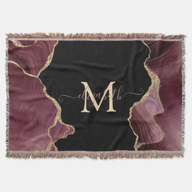 Elegant Stylish Gold Glitter Burgundy Agate  Throw Blanket (Front)
