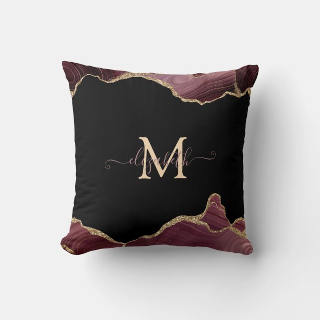 Elegant Stylish Gold Glitter Burgundy Agate  Throw Pillow (Front)