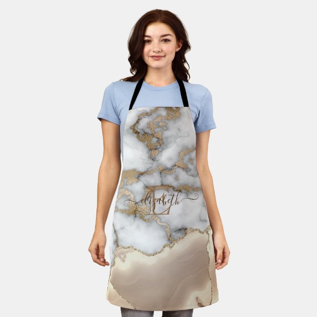 Elegant Stylish Gold Glitter Cream Marble Monogram Apron (Worn)