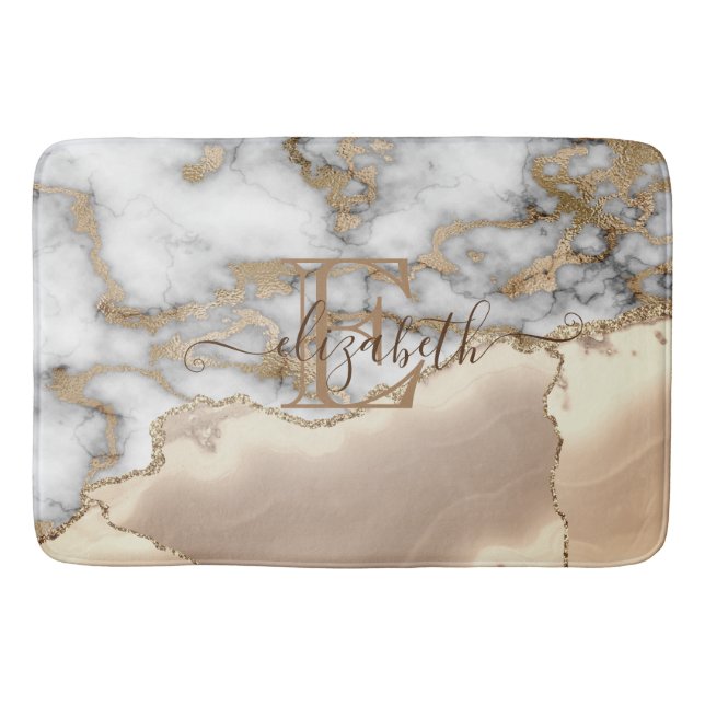 Elegant Stylish Gold Glitter Cream Marble Monogram Bath Mat (Front)