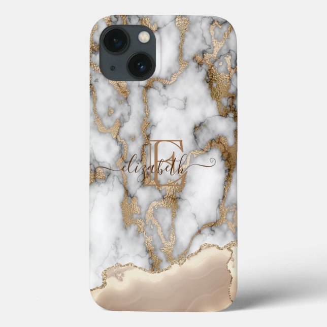 Elegant Stylish Gold Glitter Cream Marble Monogram Case-Mate iPhone Case (Back)