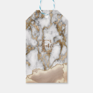 Elegant Stylish Gold Glitter Cream Marble Monogram Gift Tags