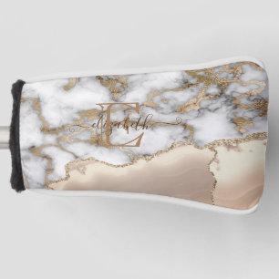 Elegant Stylish Gold Glitter Cream Marble Monogram Golf Head Cover