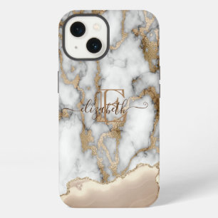 Elegant Stylish Gold Glitter Cream Marble Monogram iPhone 13 Case